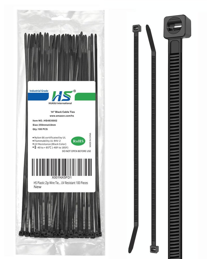 HS رباطات سلك بلاستيكية HS بطول 14 بوصة مقاومة للأشعة فوق البنفسجية لتسييج التخييم والاستخدامات الخارجية 100 قطعة، قوة 50 رطل، روابط كابل ثقيلة الوزن بطول 14 بوصة باللون الأسود - Image 1